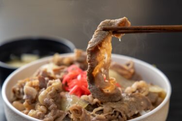 Gyudon, stewed beef and onions are placed on top of rice in a bowl