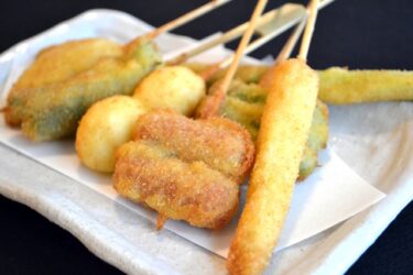 Kushikatsu, deep-fried skewers of meat, seafood and vegetables