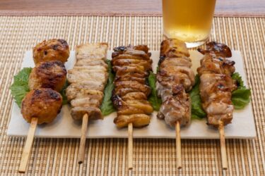 Yakitori (Grilled Chicken), bite-sized ingredients put on a bamboo skewer